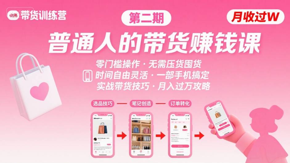 小红书带货第二期训练营，普通人月收过W的带货课，时间自由，零门槛无压货，一部手机即可操作-Ai创业网