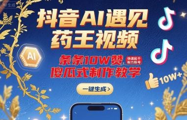 抖音AI遇见药王视频，条条10W赞，快速起千粉万粉号，傻瓜式制作教学-Ai创业网