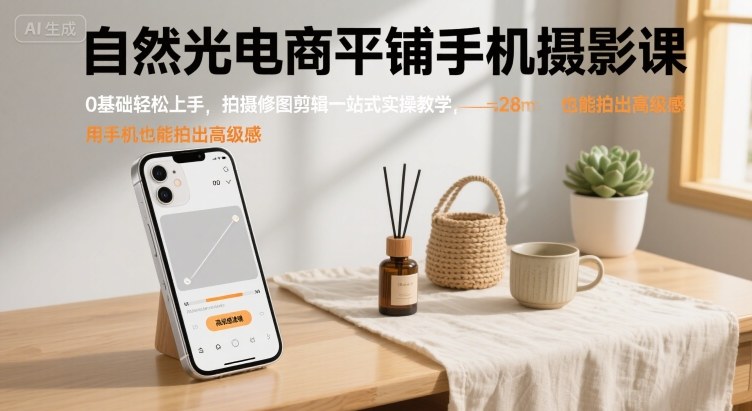自然光电商平铺手机摄影课，0基础轻松上手，拍摄修图剪辑一站式实操教学，用手机也能拍出高级感-Ai创业网