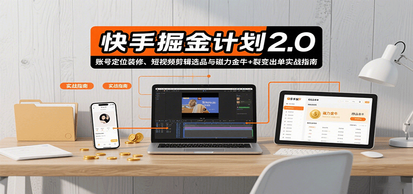 快手掘金计划2.0，账号定位装修、短视频剪辑选品与磁力金牛+裂变出单实战指南-Ai创业网