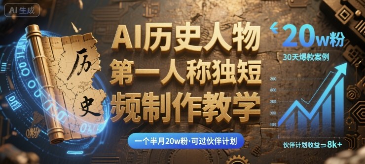 最新AI历史人物第一人称独白短视频制作教学，一个半月20w粉，可过伙伴计划-Ai创业网