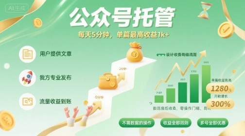 【公众号托管 】我提供文章，你发布，每天5分钟，单篇最高收益1k+【揭秘】-Ai创业网