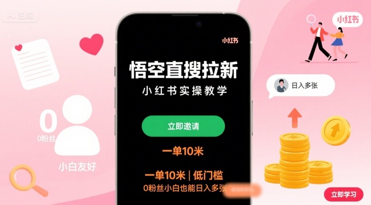 悟空直搜拉新小红书实操教学，一单10米，低门槛，0粉丝小白也能日入多张-Ai创业网