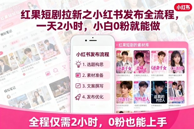 红果短剧拉新之小红书发布全流程，一天2小时，小白0粉就能做-Ai创业网