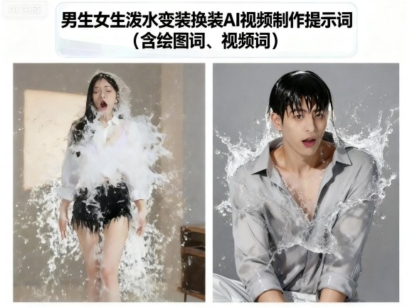 男生女生泼水变装换装AI视频制作提示词(含绘图词、视频词)-Ai创业网