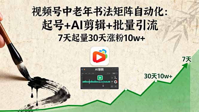 视频号中老年书法矩阵自动化：起号+AI剪辑+批量引流 7天起量30天涨粉10w+-Ai创业网