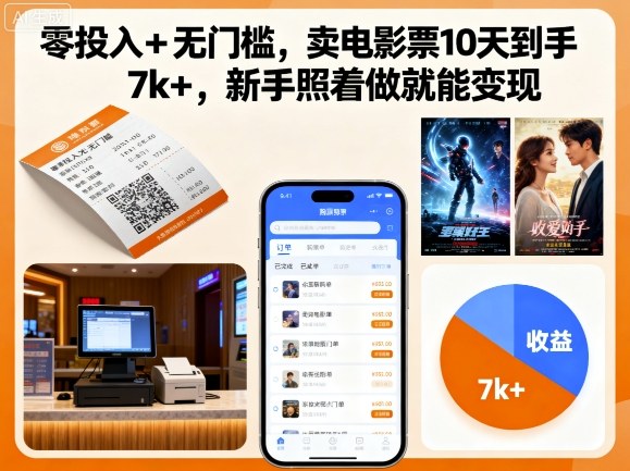 零投入+无门槛，卖电影票10天到手7k+，新手照着做就能变现【揭秘】-Ai创业网