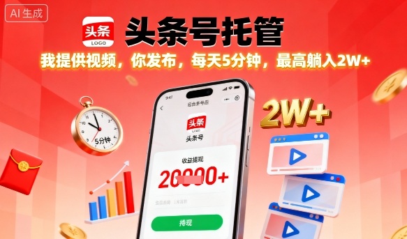 【头条号托管】我提供视频，你发布，每天5分钟，最高躺入2W+【揭秘】-Ai创业网