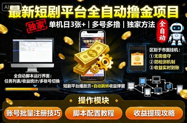 最新短剧平台全自动挂G撸金项目，单机一天3张+，多号多撸，区别于市面所有挂机项目，独家方法【揭秘】-Ai创业网