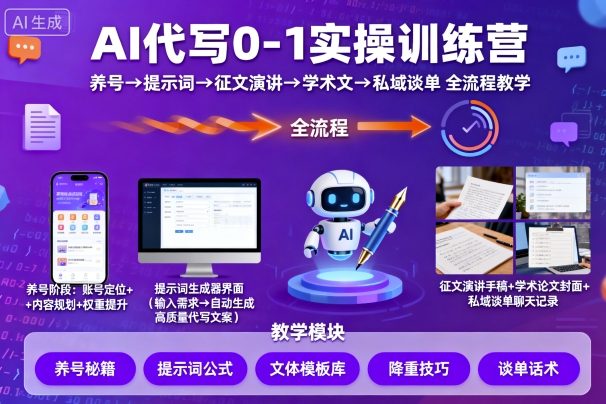 AI代写0-1实操训练营，从养号、提示词、征文演讲、学术文，到私域谈单的全流程教学-Ai创业网
