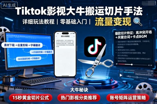 Tiktok影视大牛搬运切片手法，详细玩法教程-Ai创业网