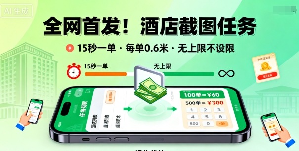 全网首发！酒店截图任务，15秒一单，每单0.6米，任务无上限不设限，矩阵操作单日3张到手【揭秘】-Ai创业网