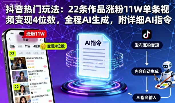 抖音热门玩法：22条作品涨粉11W单条视频变现4位数，全程AI生成，附详细AI指令-Ai创业网
