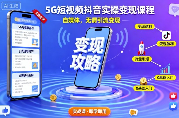 5G短视频抖音实操变现课程，自媒体，无谓引流变现-Ai创业网