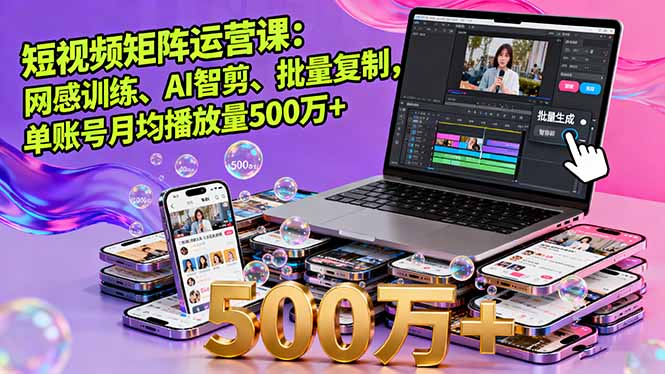 短视频矩阵运营课：网感训练、AI智剪、批量复制，单账号月均播放量500万+-Ai创业网