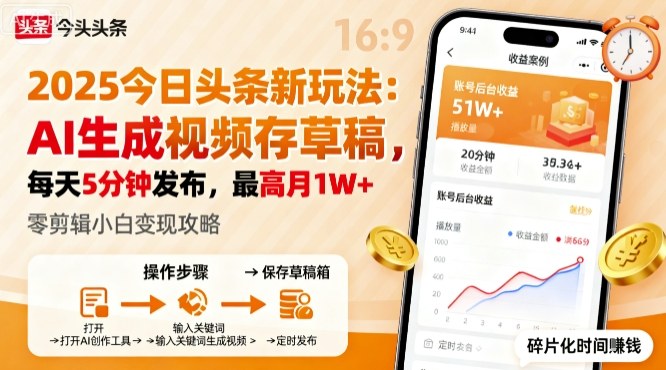 2025年今日头条躺賺新玩法，AI生成视频存草稿，每天5分钟发布，最高月1W+【揭秘】-Ai创业网