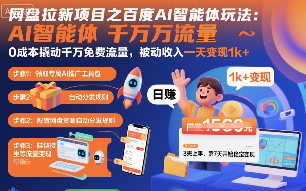 网盘拉新项目之百度Ai智能体玩法，0成本撬动千万免费流量，被动收入，一天变现1k+-Ai创业网
