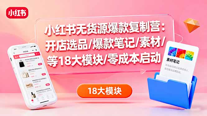 小红书无货源爆款复制营：开店选品/爆款笔记/素材/等18大模块/零成本启动-Ai创业网