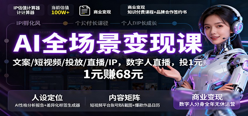 AI全场景变现课：文案/短视频/投放/直播/IP，数字人直播，投1元赚68元-Ai创业网