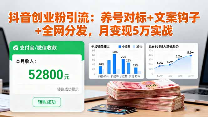 抖音创业粉引流：养号对标+文案钩子+全网分发，月变现5万实战-Ai创业网