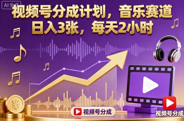 视频号分成计划，音乐赛道，日入3张，每天2小时-Ai创业网
