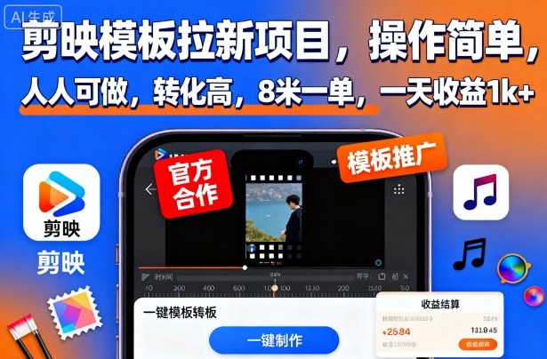 剪映模板拉新项目，操作简单，人人可做，转化高，8米一单，一天收益1k+-Ai创业网