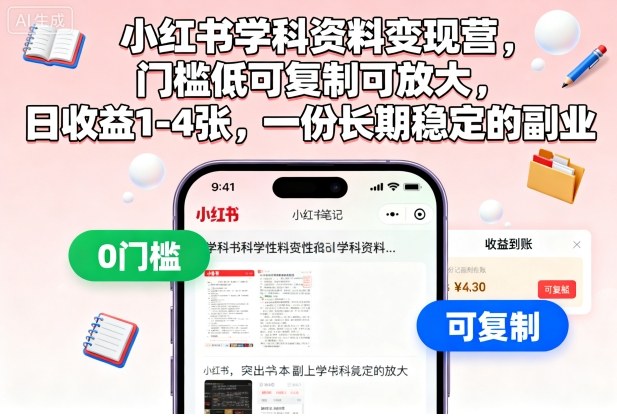 小红书学科资料变现营，门槛低可复制可放大，日收益1-4张，一份长期稳定的副业-Ai创业网