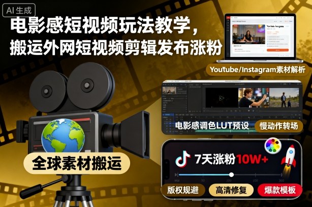 电影感短视频玩法教学，搬运外网短视频剪辑发布涨粉-Ai创业网