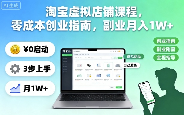 淘宝虚拟店铺课程，零成本创业指南，副业月入1W+-Ai创业网