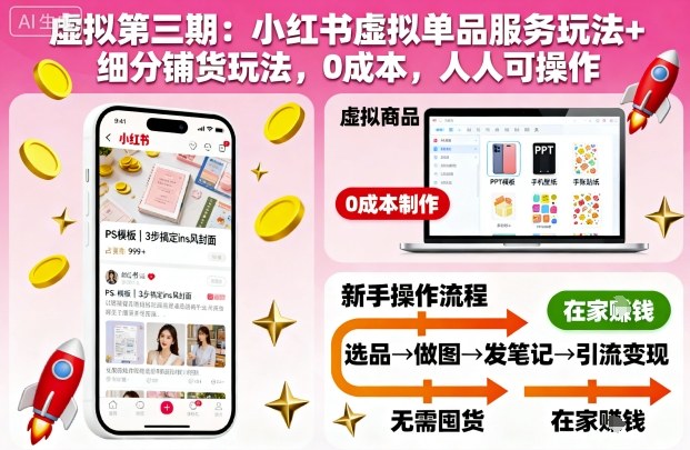 虚拟第三期：小红书虚拟单品服务玩法+细分铺货玩法，0成本，人人可操作-Ai创业网