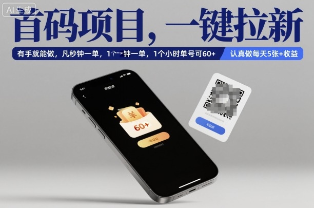 首码项目，一键拉新，有手就能做，几秒钟一单，1个小时单号可60+，认真做每天5张+收益【揭秘】-Ai创业网