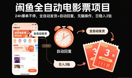 闲鱼全自动电影票项目，24h爆单不停，全自动发货+自动回复，无脑操作，日稳入3张【揭秘】-Ai创业网