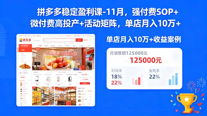拼多多稳定盈利课-11月，强付费SOP+微付费高投产+活动矩阵，单店月入10w+-Ai创业网