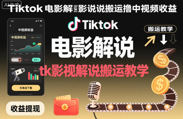 Tiktok电影解说搬运撸中视频收益，tk影视解说搬运教学-Ai创业网