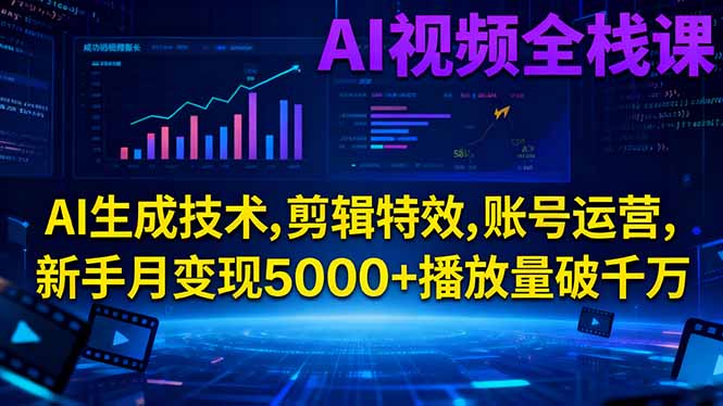 AI视频全栈课:AI生成技术,剪辑特效,账号运营,新手月变现5000+播放量破千万-Ai创业网