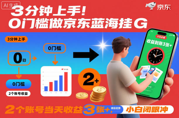 3分钟上手！0门槛做京东蓝海全自动掘金，2个账号当天收益3张+，小白闭眼冲【揭秘】-Ai创业网