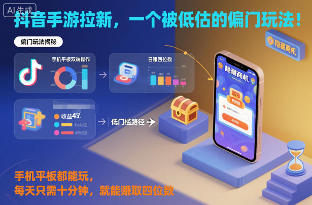抖音手游拉新，一个被低估的偏门玩法！手机平板都能玩，每天只需十分钟，就能賺取四位数【揭秘】-Ai创业网