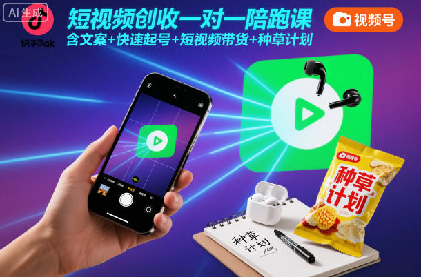 短视频创收一对一陪跑课，含文案+快速起号+短视频带货+种草计划-Ai创业网