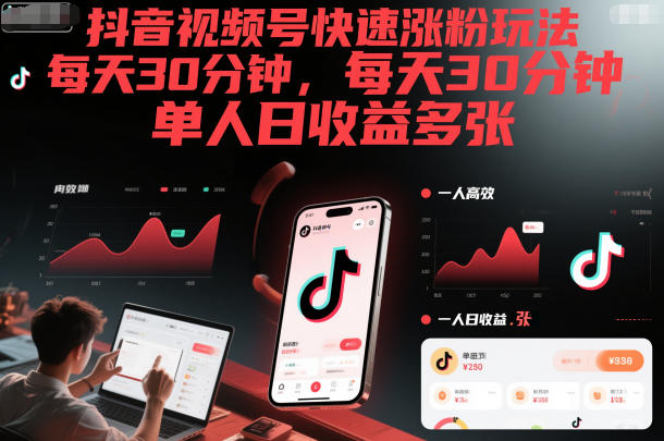 抖音视频号快速涨粉玩法，每天30分钟，单人日收益多张-Ai创业网