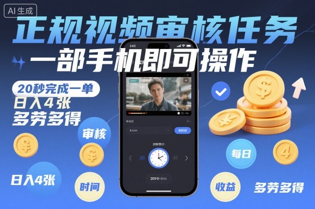 正规视频审核任务，一部手机即可操作，20秒完成一单，日入4张，多劳多得【揭秘】-Ai创业网