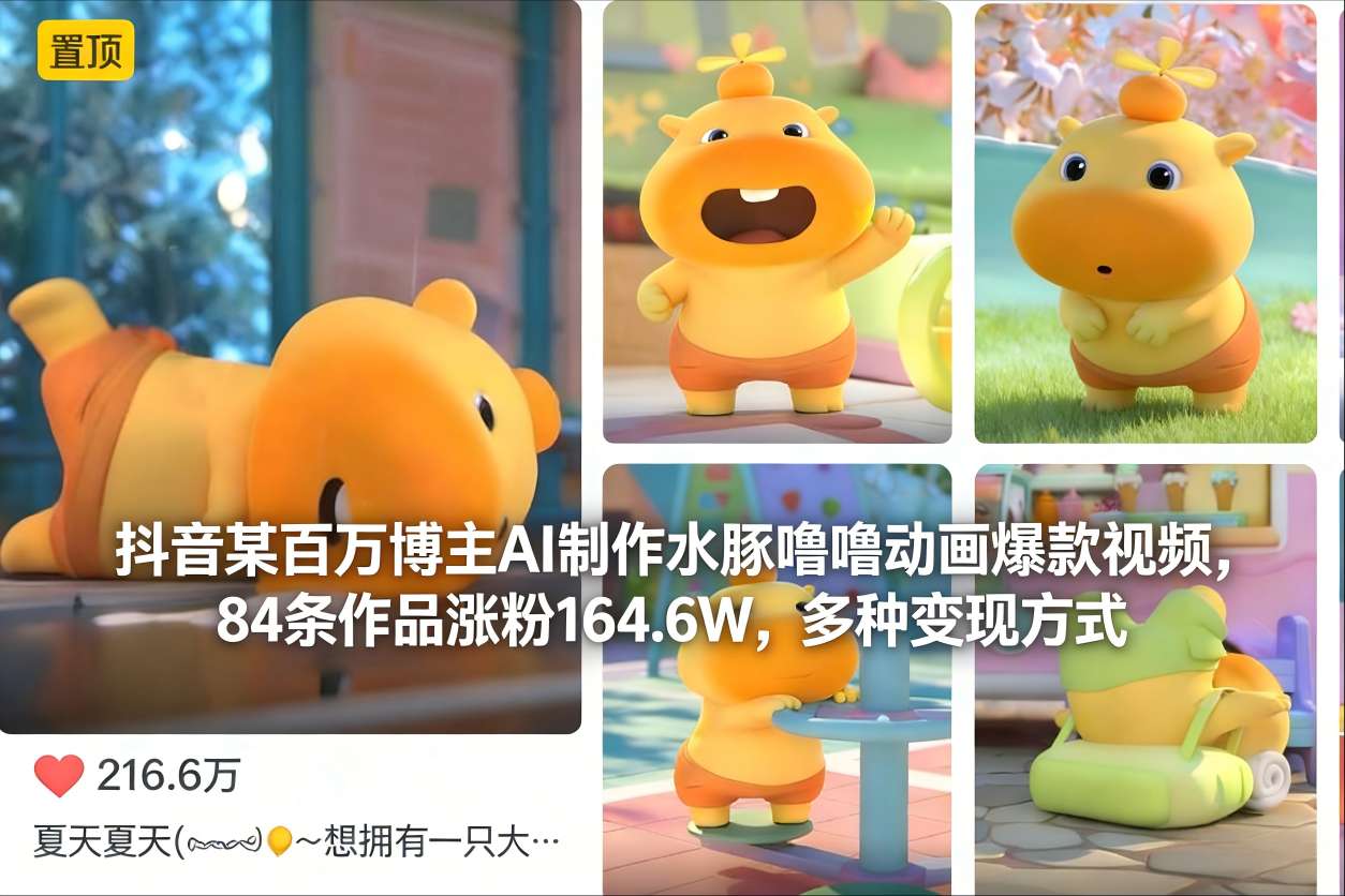 抖音某百万博主AI制作水豚噜噜动画爆款视频，84条作品涨粉164.6W，多种变现方式-Ai创业网