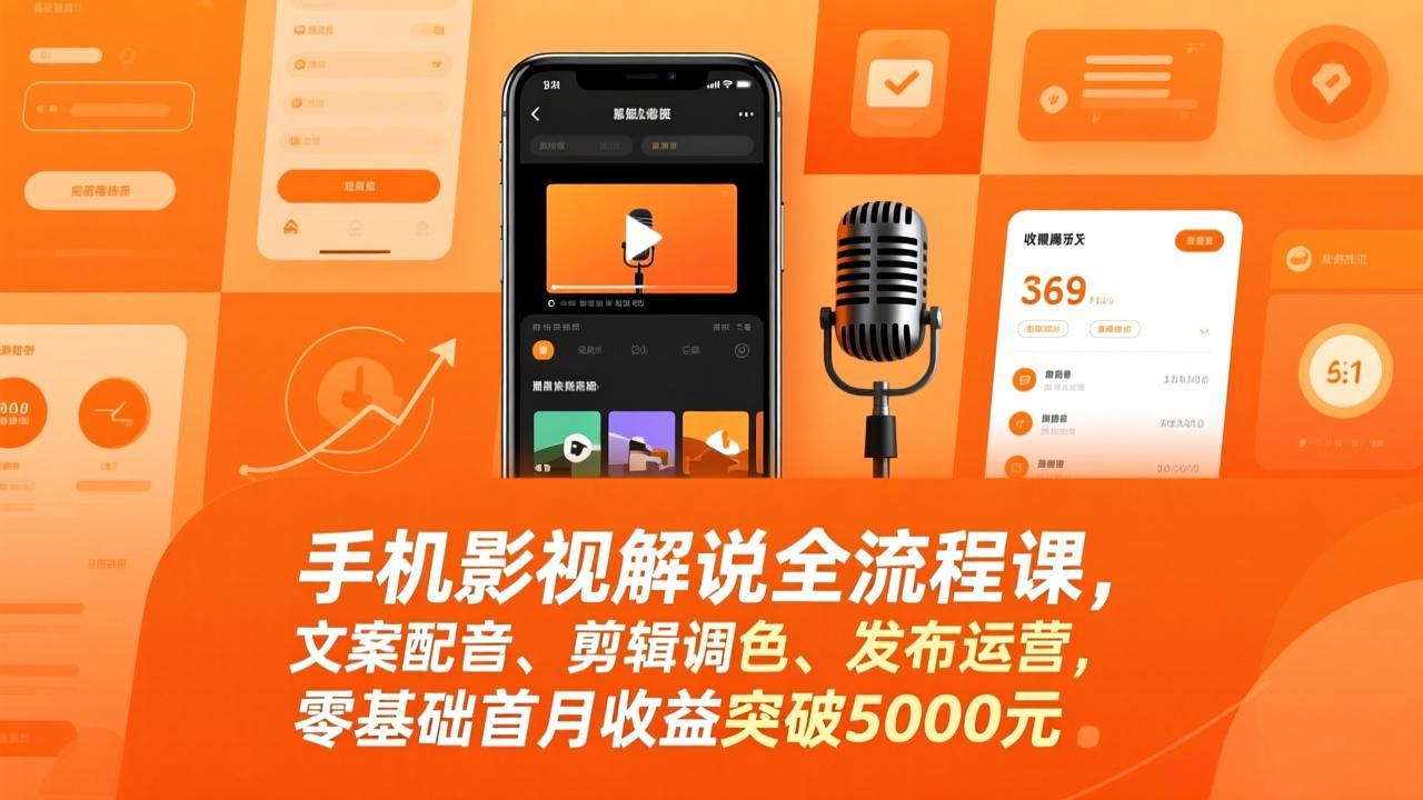手机影视解说全流程课，文案配音、剪辑调色、发布运营，零基础首月收益突破5000元-Ai创业网