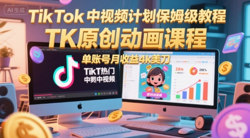 TikTok中视频计划保姆级教程，TK原创动画课程，单账号月收益4k美刀-Ai创业网