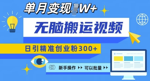 无脑搬运视频号可批量复制，新手即可操作，日引精准创业粉300+，月变现过W 【揭秘】-Ai创业网