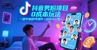 抖音男粉项目0成本玩法，一部手机即可操作，日均4张+，时间自由-Ai创业网