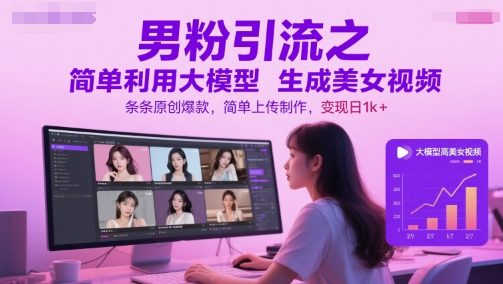 男粉引流之简单利用大模型生成美女视频，条条原创爆款，简单上传制作，变现日1k+-Ai创业网