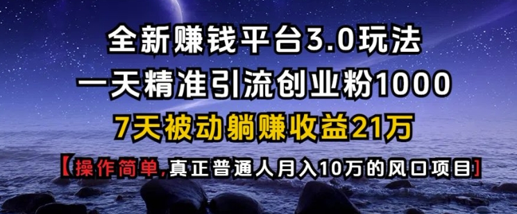 全新赚钱平台3.0玩法一天精准引流创业粉1000.7天被动躺Z收益21W【仅揭秘】-Ai创业网