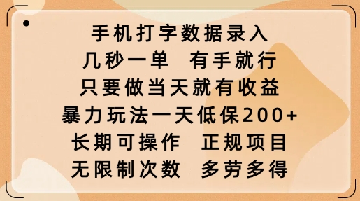 手机打字数据录入，几秒一单，有手就行，只要做当天就有收益，暴力玩法一天低保2张-Ai创业网