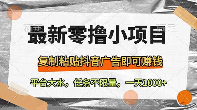最新零撸小项目，复制粘贴抖音广告即可赚钱，平台大水，任务不限量，一…-Ai创业网
