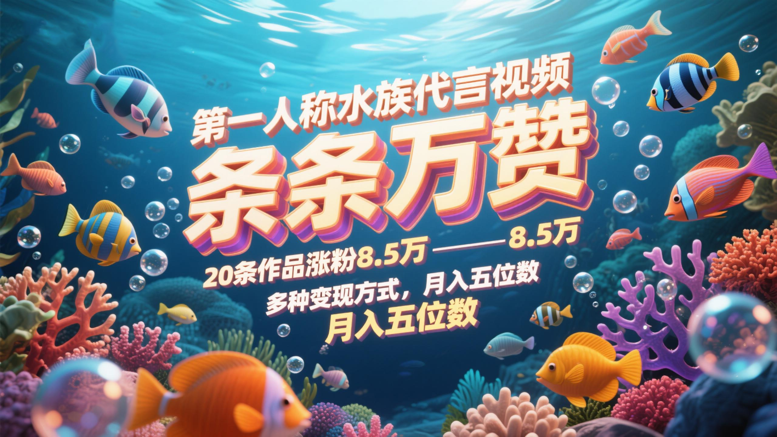 第一人称水族代言视频，条条万赞，20条作品涨粉8.5万，多种变现方式月，入五位数-Ai创业网